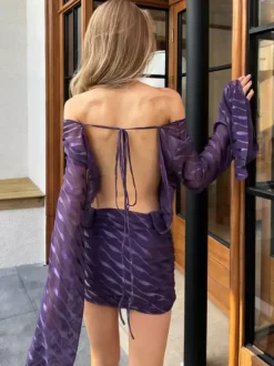 Backless Sheer Mini Dress For Women - Sexy V Neck Tie Front Long Sleeves Ruched Bodycon - Summer Night Out Club Party 2026
