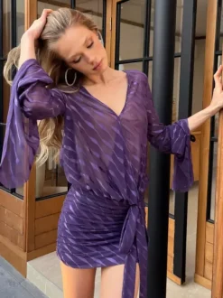 Backless Sheer Mini Dress For Women - Sexy V Neck Tie Front Long Sleeves Ruched Bodycon - Summer Night Out Club Party 2026