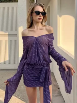 Backless Sheer Mini Dress For Women - Sexy V Neck Tie Front Long Sleeves Ruched Bodycon - Summer Night Out Club Party 2026