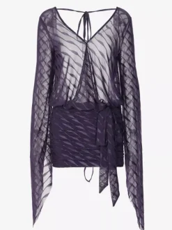 Backless Sheer Mini Dress For Women - Sexy V Neck Tie Front Long Sleeves Ruched Bodycon - Summer Night Out Club Party 2026