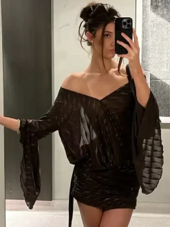Backless Sheer Mini Dress For Women - Sexy V Neck Tie Front Long Sleeves Ruched Bodycon - Summer Night Out Club Party 2026