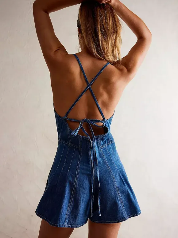 Backless Washed Denim Romper For Women - Grunge V-Neck Cross Strap Playsuit With Pockets - Summer Music Festival 2026