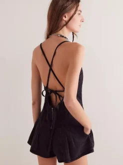 Backless Washed Denim Romper For Women - Grunge V-Neck Cross Strap Playsuit With Pockets - Summer Music Festival 2026