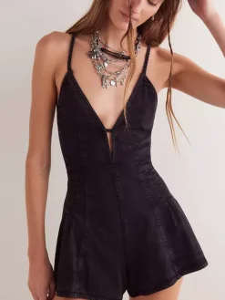 Backless Washed Denim Romper For Women - Grunge V-Neck Cross Strap Playsuit With Pockets - Summer Music Festival 2026