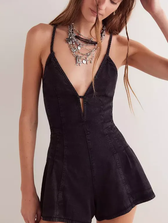 Backless Washed Denim Romper For Women - Grunge V-Neck Cross Strap Playsuit With Pockets - Summer Music Festival 2026