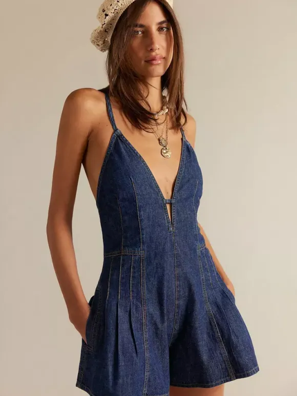 Backless Washed Denim Romper For Women - Grunge V-Neck Cross Strap Playsuit With Pockets - Summer Music Festival 2026