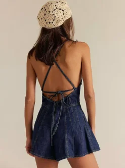 Backless Washed Denim Romper For Women - Grunge V-Neck Cross Strap Playsuit With Pockets - Summer Music Festival 2026