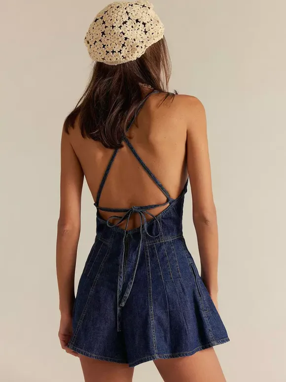 Backless Washed Denim Romper For Women - Grunge V-Neck Cross Strap Playsuit With Pockets - Summer Music Festival 2026