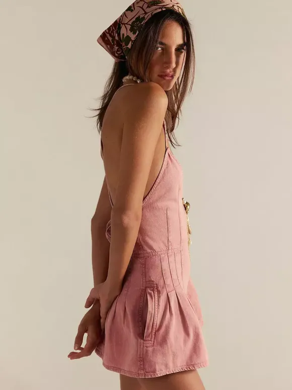 Backless Washed Denim Romper For Women - Grunge V-Neck Cross Strap Playsuit With Pockets - Summer Music Festival 2026