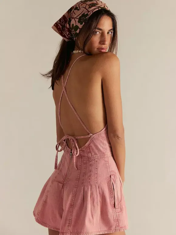 Backless Washed Denim Romper For Women - Grunge V-Neck Cross Strap Playsuit With Pockets - Summer Music Festival 2026