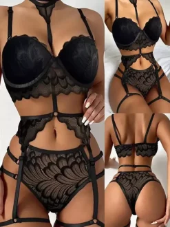 Backless Wireless Lingerie Lace Up Red 2-Piece Bra Panty Sets