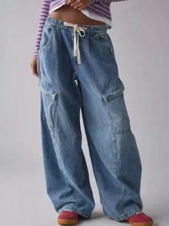 Baggy Cargo Jeans For Women - Washed Retro Y2K Low Rise Drawstring Wide Leg Pants - Spring Streetwear 2026