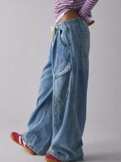 Baggy Cargo Jeans For Women - Washed Retro Y2K Low Rise Drawstring Wide Leg Pants - Spring Streetwear 2026