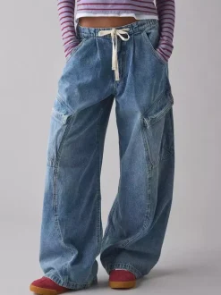 Baggy Cargo Jeans For Women - Washed Retro Y2K Low Rise Drawstring Wide Leg Pants - Spring Streetwear 2026