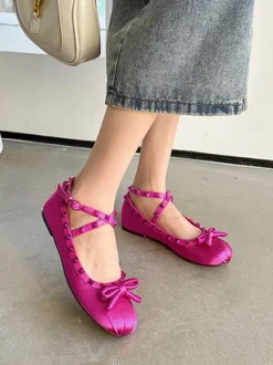 Ballerina Flats For Women Beaded Round Toe Bow Criss Cross Satin Ballet Flats