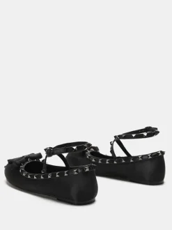 Ballerina Flats For Women Beaded Round Toe Bow Criss Cross Satin Ballet Flats