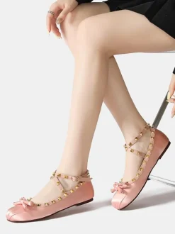 Ballerina Flats For Women Beaded Round Toe Bow Criss Cross Satin Ballet Flats