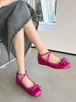 Ballerina Flats For Women Beaded Round Toe Bow Criss Cross Satin Ballet Flats