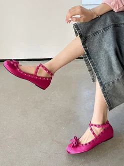 Ballerina Flats For Women Beaded Round Toe Bow Criss Cross Satin Ballet Flats