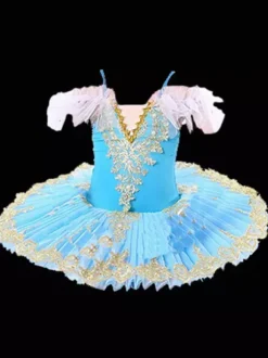 Ballerina Swan Lake Costume Dress Tutu Ruffle Sleeve Light Sky Blue Girl's Kid's Ballerina Ruffles Pearls Lace Floral Print Polyester Dress Dancing Wear