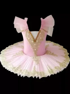 Ballerina Swan Lake Costume Dress Tutu Ruffle Sleeve Light Sky Blue Girl's Kid's Ballerina Ruffles Pearls Lace Floral Print Polyester Dress Dancing Wear
