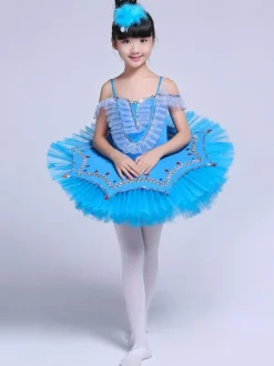 Ballerina Dress Gilrs Latin Dance Costume Kids Light Sky Blue Training Tutu Dancing Dresses
