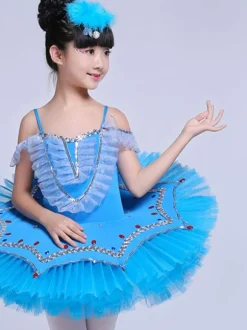Ballerina Dress Gilrs Latin Dance Costume Kids Light Sky Blue Training Tutu Dancing Dresses