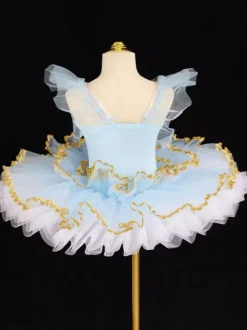 Ballet Costumes Light Sky Blue Girl's Lace Applique Ballerina Polyester Dress Performance Wear
