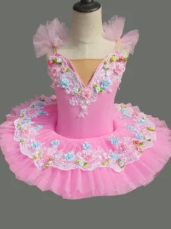 Ballet Dance Costume Pink Lace Flowers Pleated Ballerina Dress