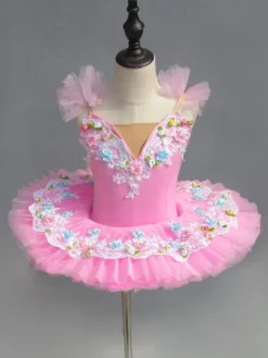 Ballet Dance Costume Pink Lace Flowers Pleated Ballerina Dress