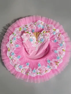 Ballet Dance Costume Pink Lace Flowers Pleated Ballerina Dress