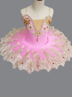 Ballet Dance Costume Pink Lace Embroidered Beaded Tutu Ballerina Dress