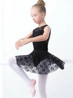 Ballet Dance Costumes Black Sleeveless Ballerina Leotards With Skirt