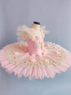 Ballet Dance Costumes Pink Girl's Flower Lace Applique Ballerina Polyester Dress Dancing Wear