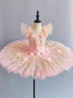 Ballet Dance Costumes Pink Girl's Flower Lace Applique Ballerina Polyester Dress Dancing Wear
