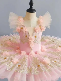 Ballet Dance Costumes Pink Girl's Kid's Ballerina Lace Flowers Polyester Dress Dress Dancing Wear