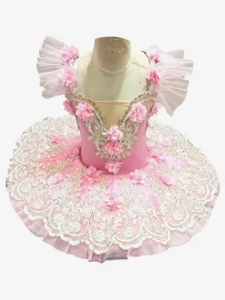 Ballet Dance Costumes Pink Girl's Kid's Ballerina Lace Flowers Polyester Dress Dress Dancing Wear