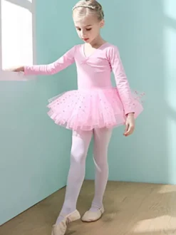 Ballet Dance Costumes Pink Women's Kid's Dancer Cut Out Ruffles Polka Dot Pleated Cotton Blend Dress Tunic performance wear