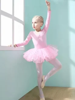 Ballet Dance Costumes Pink Women's Kid's Dancer Cut Out Ruffles Polka Dot Pleated Cotton Blend Dress Tunic performance wear