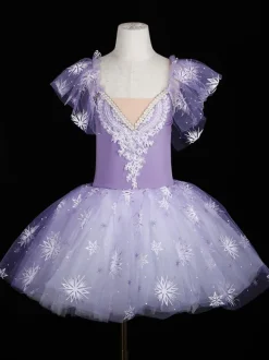 Ballet Dance Costumes Purple Women's Kid's Ballerina Ruffles Lace Floral Print Polyester Dress Dancing Wear