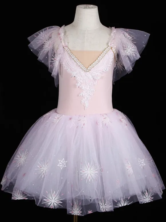 Ballet Dance Costumes Purple Women's Kid's Ballerina Ruffles Lace Floral Print Polyester Dress Dancing Wear