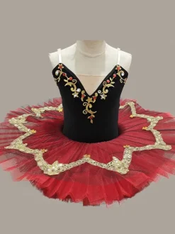 Ballet Dance Costumes Red Girl's Kid's Ballerina Applique Rhinestones Lace Polyester Dress Set Dancing Wear