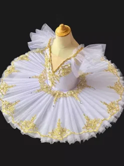 Ballet Dance Costumes White Women's Kid's Ballerina Pearls Ruffles Lace Polyester Dress Dancing Wear