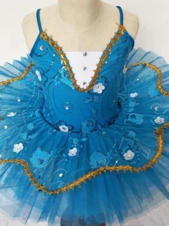 Ballet Dance Dress Blue Lace Pleated Applique Tutu Ballerina Costume