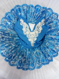 Ballet Dance Dress Blue Lace Pleated Applique Tutu Ballerina Costume