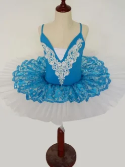 Ballet Dance Dress Blue Lace Pleated Applique Tutu Ballerina Costume