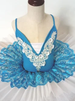 Ballet Dance Dress Blue Lace Pleated Applique Tutu Ballerina Costume