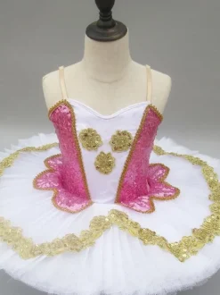 Ballet Dance Dress Pink Sequin Straps Dress Girls Tutu Ballerina Dresses