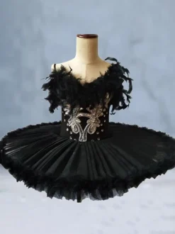 Ballet Dress Black Girl's Kid's Ballerina Feathers Ruffles Lace Polyester Dress Dancing Wear