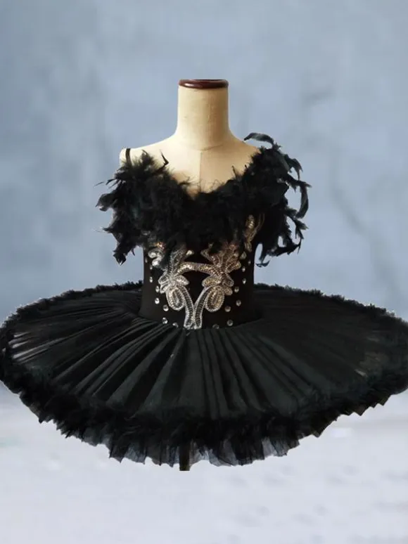 Ballet Dress Black Girl's Kid's Ballerina Feathers Ruffles Lace Polyester Dress Dancing Wear